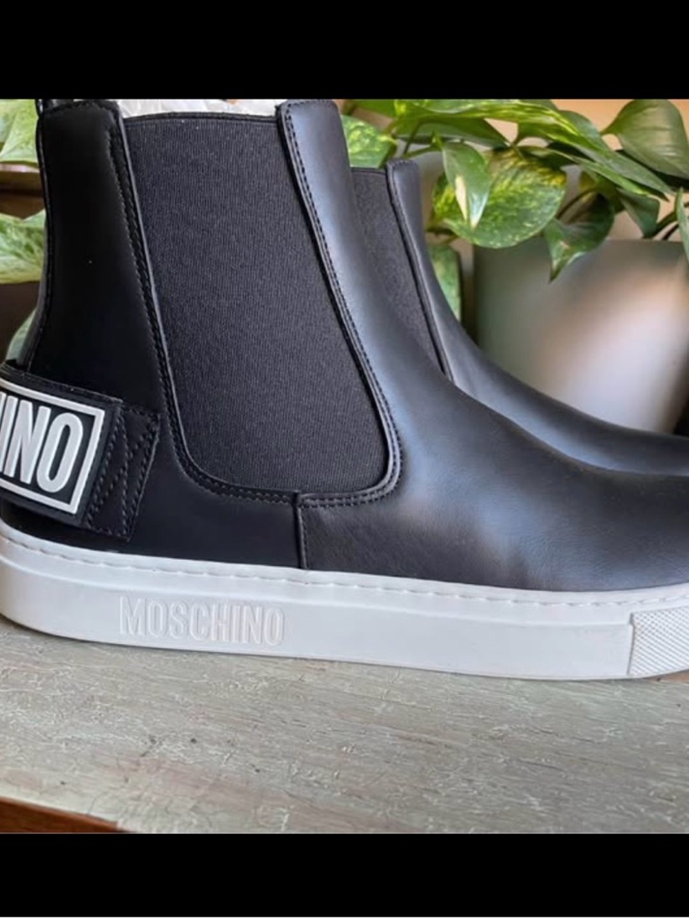 Moschino Black Leather Chelsea-Style Sneaker boots lettering 39